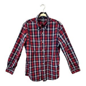 Chaps Easy Care Men's Red Navy Plaid Long‎ Sleeve Button-up Shirt Size L Crest